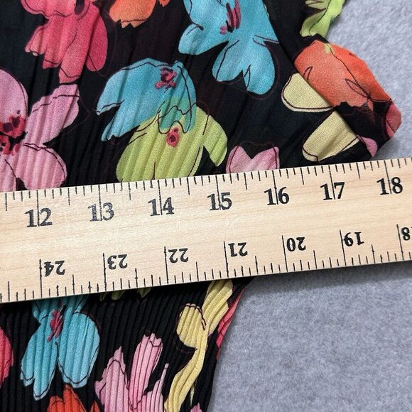 Vintage Funky Women Top XL Black Bright Floral Micro Pleat Crinkle Retro Mod Y2K - Picture 10 of 14